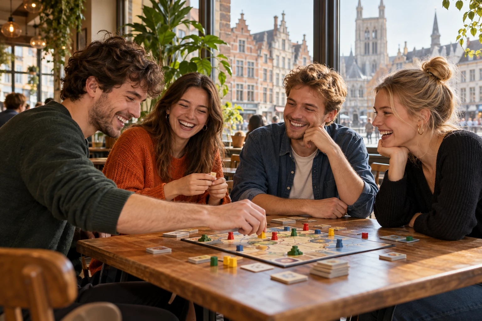Vier jongvolwassen vrienden lachen samen tijdens een gezelschapsspel in een zonnig café